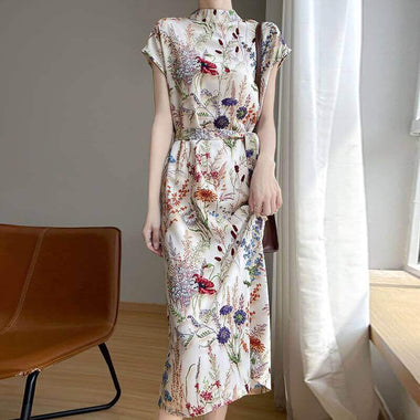 High-Grade New Chinese Floral Dress | Structured Mandarin-Style A-Line Midi