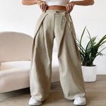 High-waist lace-up patchwork fashion casual straight leg pants in apricot color, perfect for stylish and comfortable everyday wear.