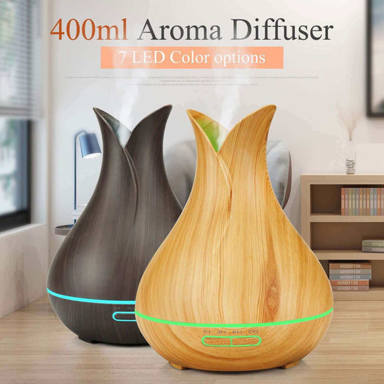 400ml aroma diffuser in wood grain design with 7 LED color options for enhancing home ambiance and aromatherapy.