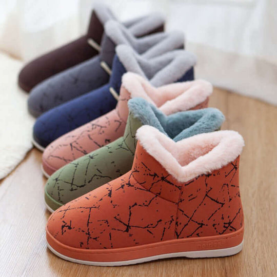 Colorful insulated cotton-padded slippers in various shades, featuring a round toe and soft faux fur lining.