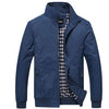 Sea blue casual bomber jacket for men with stand collar and long sleeves, featuring multiple pockets and a stylish design.
