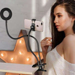 LED selfie ring light with a smartphone holder, ideal for adjustable makeup lighting.