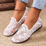 Lace embroidered flat shoes for women, breathable casual loafers with floral design, perfect for summer.