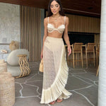 Ladies tassel three-piece swimsuit in khaki, featuring split design and chic accessories, perfect for swimming.