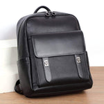Large capacity black leather men's backpack for business travel, featuring urban simplicity and solid color design.