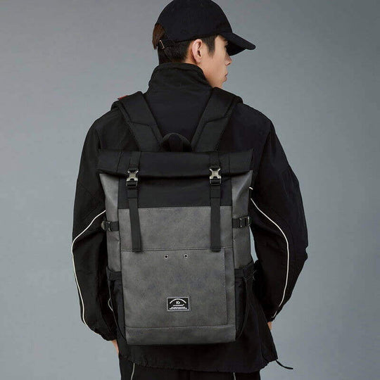 Large capacity roll-up backpack in gray, unisex design, suitable for daily use and waterproof.