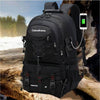 Large capacity men's mountaineering backpack in black, designed for travel and outdoor sports, featuring USB charging port.