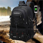 Large capacity men's mountaineering backpack in black, designed for travel and outdoor sports, featuring USB charging port.