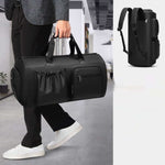 Large capacity black travel luggage bag with storage pockets for leisure travel, suitable for men.
