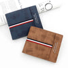 Large capacity tri-fold coin bag in blue and brown with card slots, featuring stylish stripe design and PU leather material.