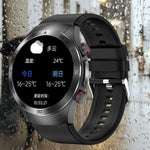 Laser ECG Blood Pressure Sports Watch with AMOLED screen, waterproof features, displaying temperature and weather information.