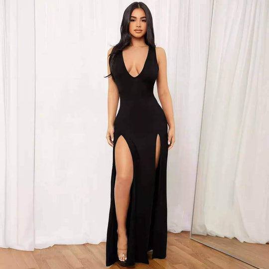 Deep V Strap Split Long Dress | Sleeveless High-Motion Silhouette Maxi