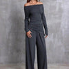 Long sleeve off-shoulder black gray two-piece suit for women featuring wide leg pants and comfortable fit.