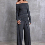 Long sleeve off-shoulder black gray two-piece suit for women featuring wide leg pants and comfortable fit.