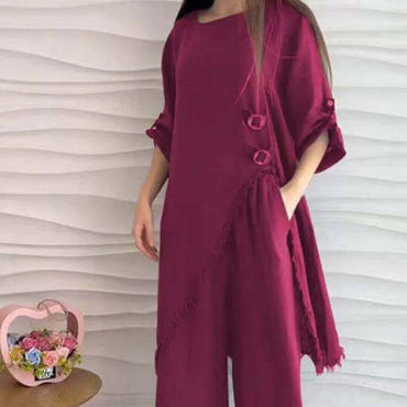 Irregular Half-Sleeve Mid-Length Top & Wide-Leg Trouser Set | High-Volume Loose Set