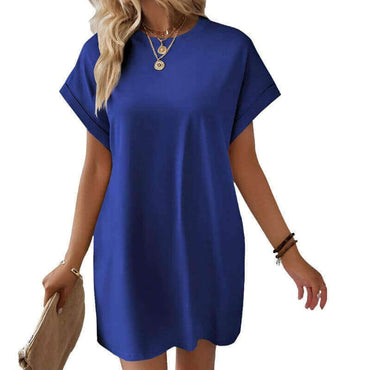 Short-Sleeve Utility Pocket Straight Dress | Solid Round-Neck Casual Loose Mini