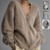 Loose V-neck button cardigan in beige, long sleeve knitted sweater for women, perfect for fall and winter.