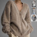 Loose V-neck button cardigan in beige, long sleeve knitted sweater for women, perfect for fall and winter.