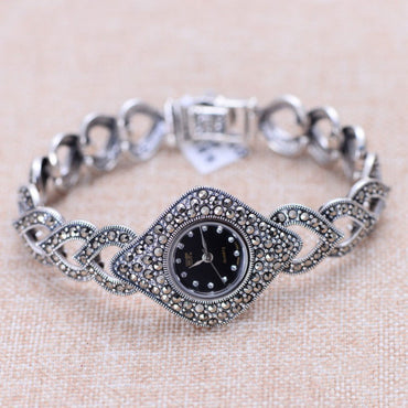 Vintage Thai Silver Heart Watch | Diamond-Set Jewelry Bracelet