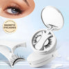 Magnetic false eyelashes in integrated storage box with applicator, showcasing a natural makeup look and convenience.