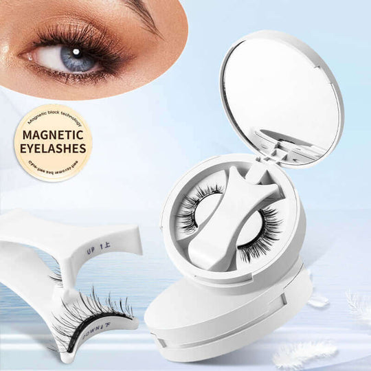 Magnetic false eyelashes in integrated storage box with applicator, showcasing a natural makeup look and convenience.