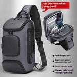 Men's gray shoulder bag with USB charging port, explosion-proof lock, and large capacity, ideal for business travel.
