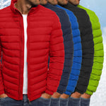 Men's cotton padded jackets in various colors: red, navy, blue, black, and green, perfect for autumn outdoor wear.