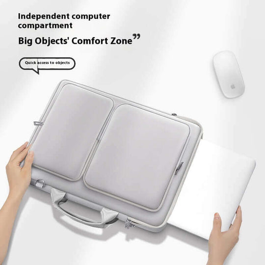 Men's business laptop bag with independent computer compartment and quick access features in light gray.