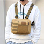 Men's casual outdoor tactical chest bag in khaki color, displayed on model wearing white hoodie.