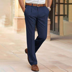 Men's navy blue casual suit pants, mid waist straight trousers with belt, perfect for office and business wear.