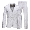Men's three-piece dress suit featuring a stylish white jacket and matching pants with an elegant pattern.