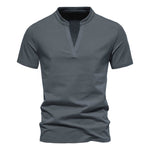 Men's deep V-neck short-sleeved T-shirt in dark gray, made of cotton for a comfortable daily wear.