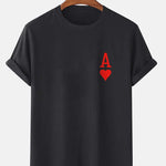 Men's black crew neck T-shirt with red A and heart design on chest, made of comfortable cotton.