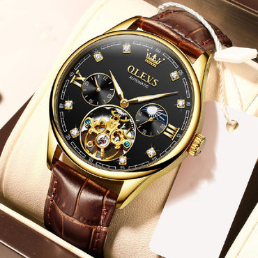 Leather Strap Window Mechanical Watch | 40.5mm Rose Gold & Open-Back Design