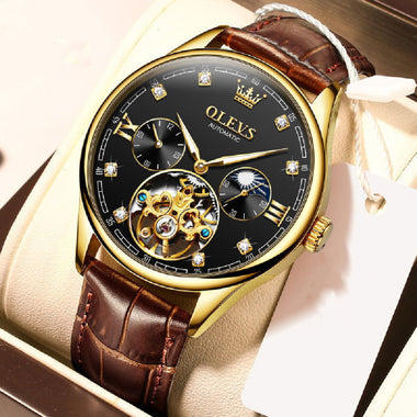Leather Strap Window Mechanical Watch | 40.5mm Rose Gold & Open-Back Design
