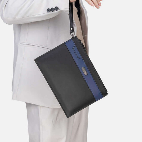 Men's fashion business briefcase in black and blue, stylish design, perfect for professional travel and daily use.