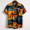 Men's casual short-sleeved floral cotton linen pullover shirt in vibrant abstract pattern, perfect for spring and summer.