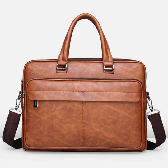 Men's simple business briefcase in brown PU leather with dual carrying options, perfect for business travel.
