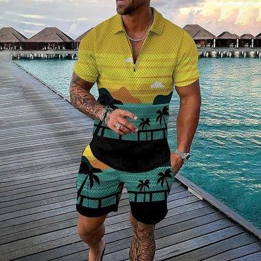Men's Hawaii 3D Printed Polo Short-sleeved Shorts Suit European And American Style 2-piece Set