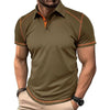Men's Army Green Lapel Polo Shirt with Contrast Color Stitching, Short Sleeve, Slim Fit Style.
