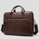 Men's leather briefcase in dark brown with handles and adjustable strap, ideal for business travel and everyday use.
