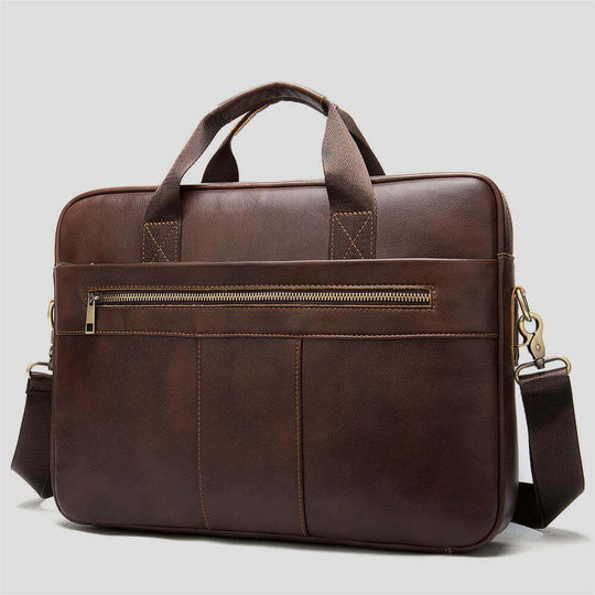 Men's leather briefcase in dark brown with handles and adjustable strap, ideal for business travel and everyday use.