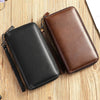 Men's long genuine leather clutch wallets in black and brown, ideal for business travel and everyday use.