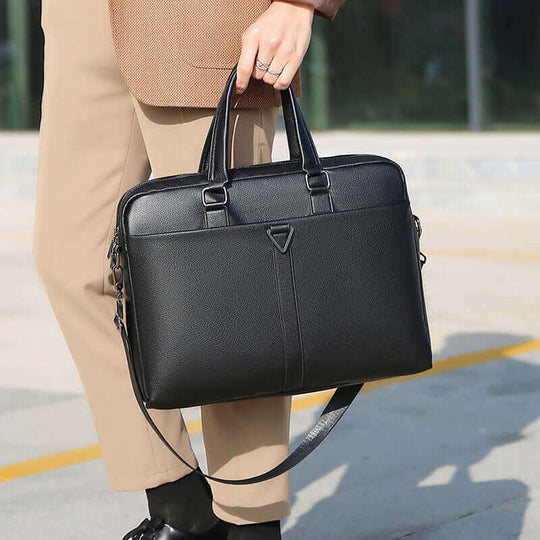 Men's black PU leather business briefcase, portable, large capacity, ideal for travel and daily use.