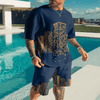 Men's round neck print casual suit featuring building patterns, perfect for summer wear by the pool.