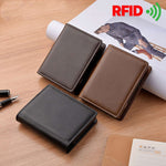 Men's mid-length aluminum alloy card cover in black, dark brown, and brown with RFID anti-theft features.