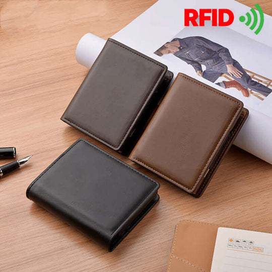 Men's mid-length aluminum alloy card cover in black, dark brown, and brown with RFID anti-theft features.
