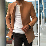 Men's slim fit khaki coat, single-breasted, stylish for fall and winter, paired with a white shirt.
