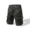 Men's camouflage casual shorts with multiple pockets and adjustable drawstring waist.