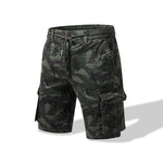 Men's camouflage casual shorts with multiple pockets and adjustable drawstring waist.